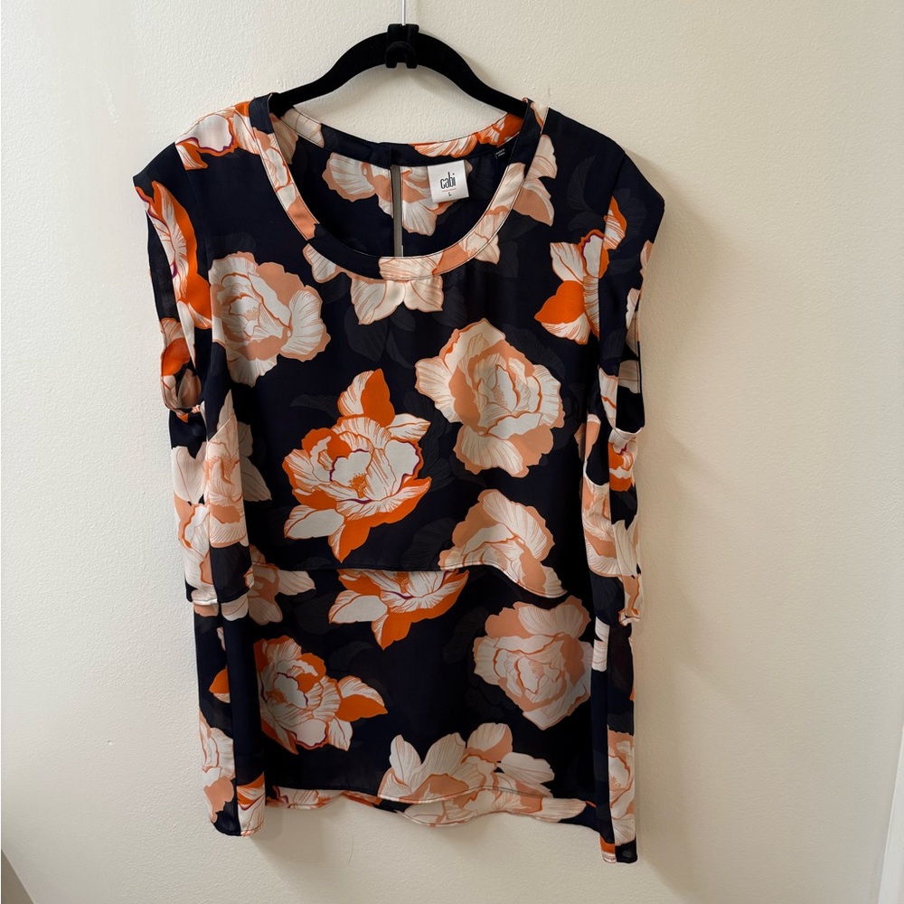 Cabi Floral Sleeveless Blossom Tiered Blouse - Navy and Orange - Size L